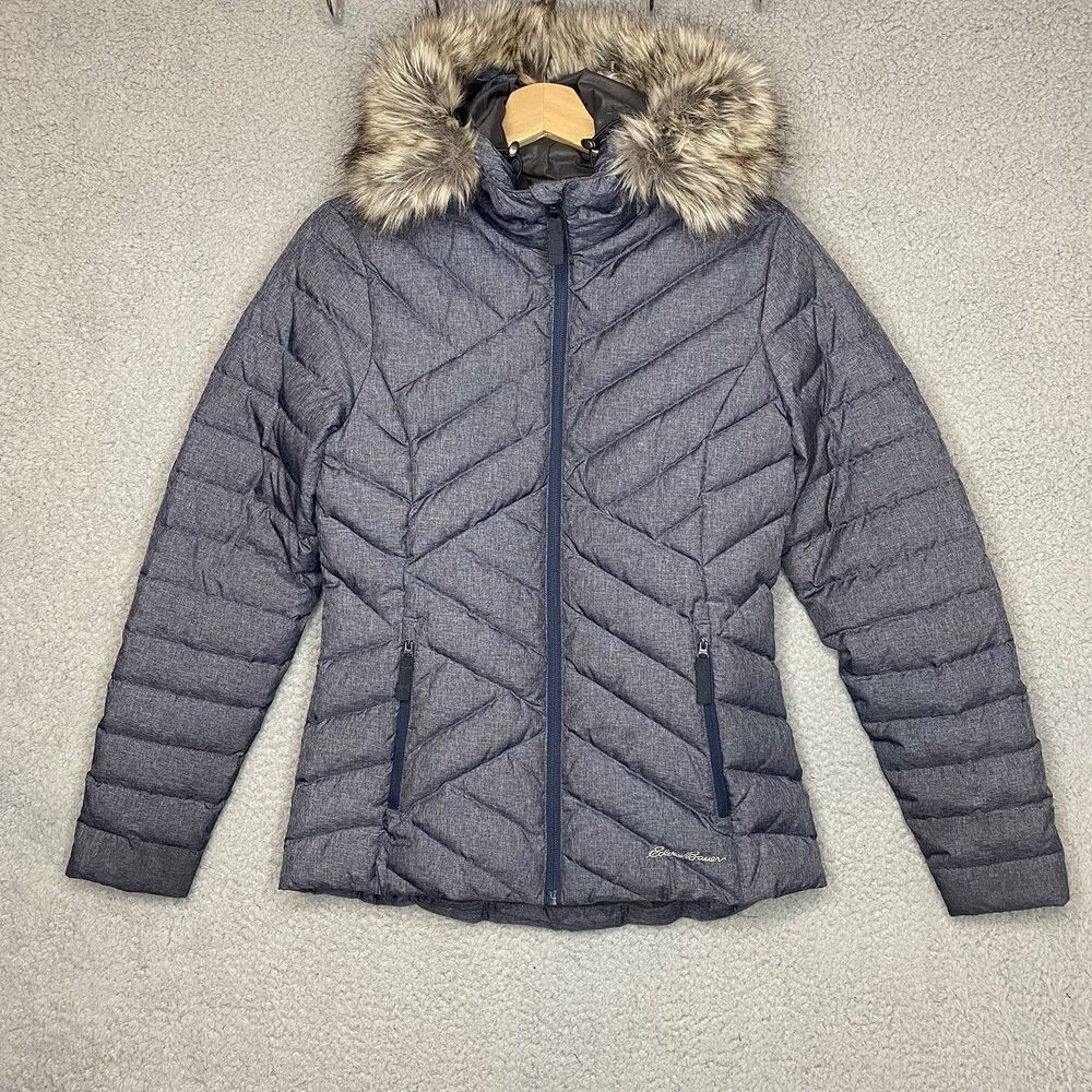 Eddie Bauer Womens Classic Down Hooded XS Jacket Detachable Faux Fur Trim Blue